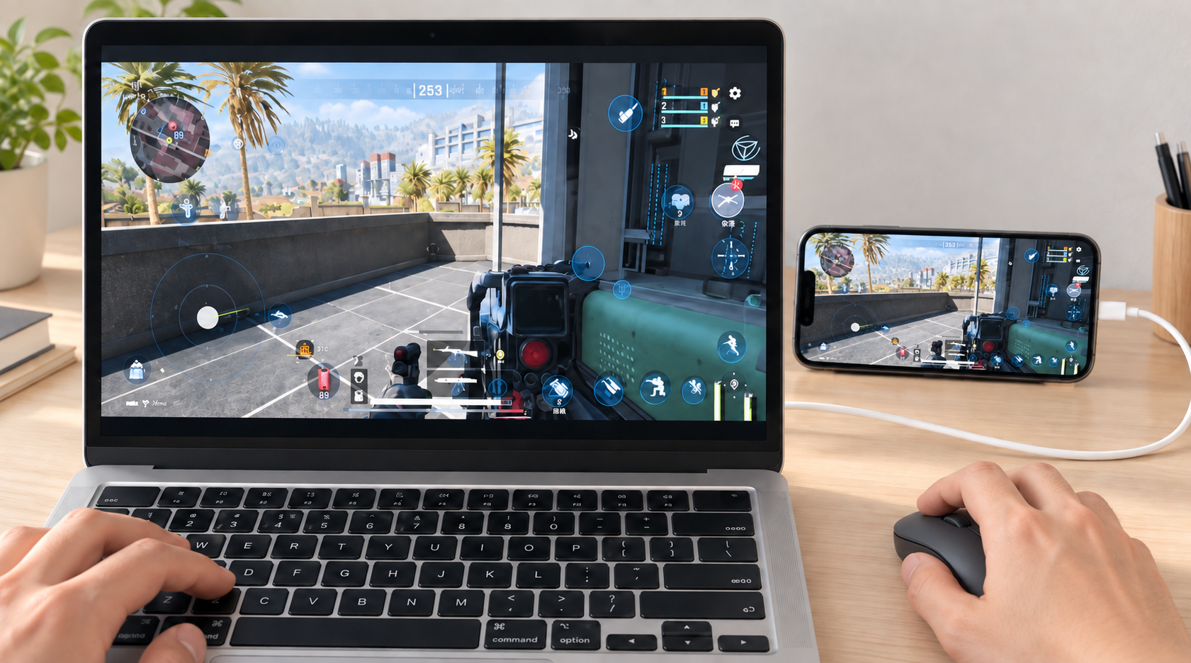 MacBook 使用键盘和鼠标操作手机游戏的实机连接画面
